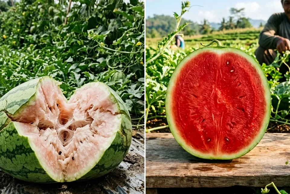 Perbandingan semangka pecah pucat hambar vs semangka merah masir manis dan melon net tebal dengan Saratoga