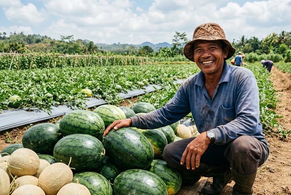 Buah semangka jumbo 10 kg dan melon padat di atas timbangan digital kebun
