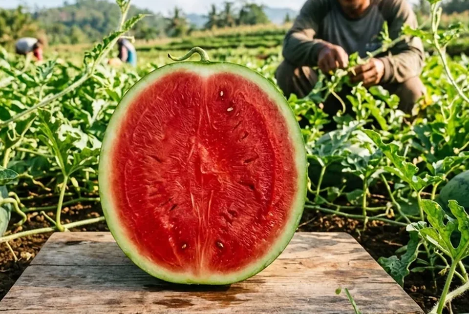 Buah melon berjaring net 3D rapat dan semangka mengkilap hasil aplikasi Saratoga