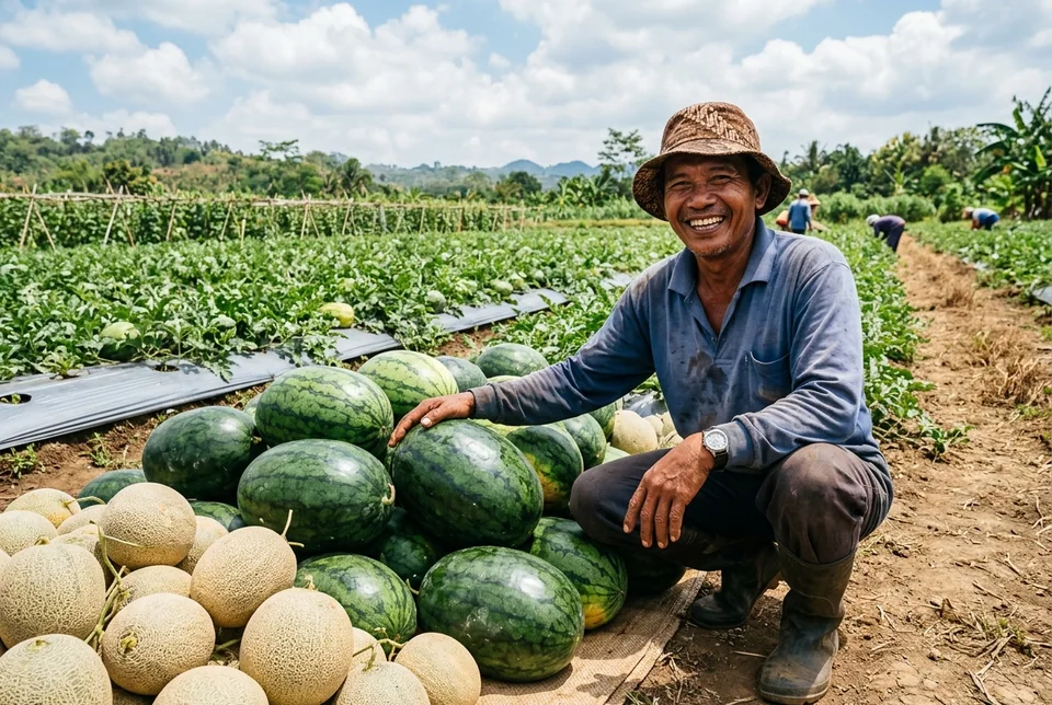 Tumpukan panen semangka jumbo dan melon net tebal siap muat ke truk pasar induk