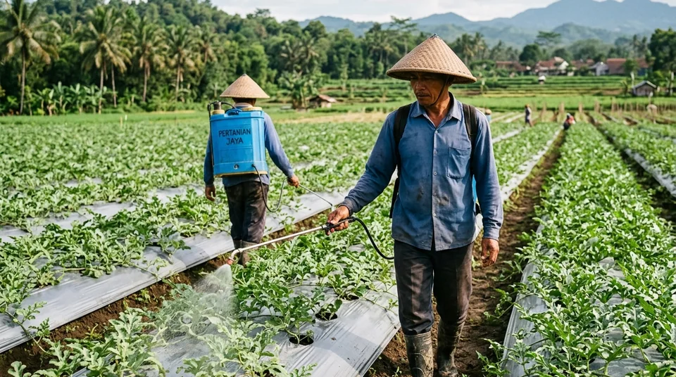 Pak Wahyu Nugroho di Ngawi menunjukkan dua buah melon dengan ukiran net tebal