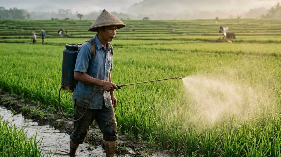 Petani menyemprotkan kabut nutrisi dingin Bensu Formula Thailand di sawah padi pagi hari