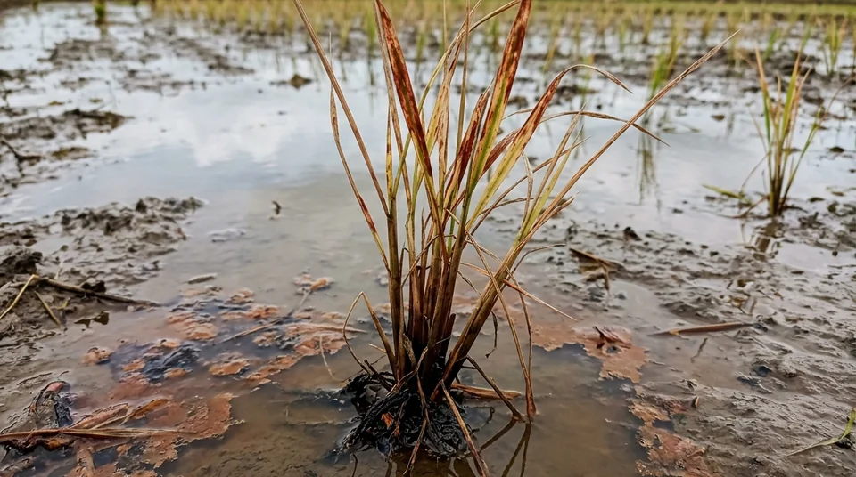 Rumpun padi kerdil daun merah karat dan akar hitam busuk akibat asem-aseman di lumpur sawah