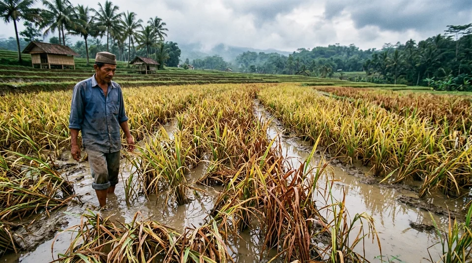 Petani berdiri sedih di hamparan sawah padi yang merah menguning kerdil dan anakan macet akibat salah tabur Urea saat asem-aseman