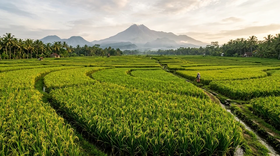 Hamparan sawah padi bebas asem-aseman menguning keemasan merunduk serempak siap panen raya