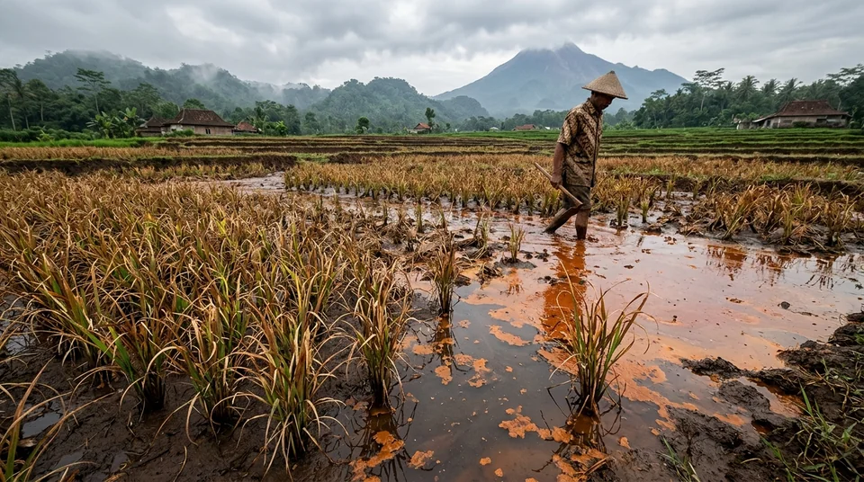 Sawah terkena asem-aseman daun merah karat kerdil dan bulir malai banyak yang hampa