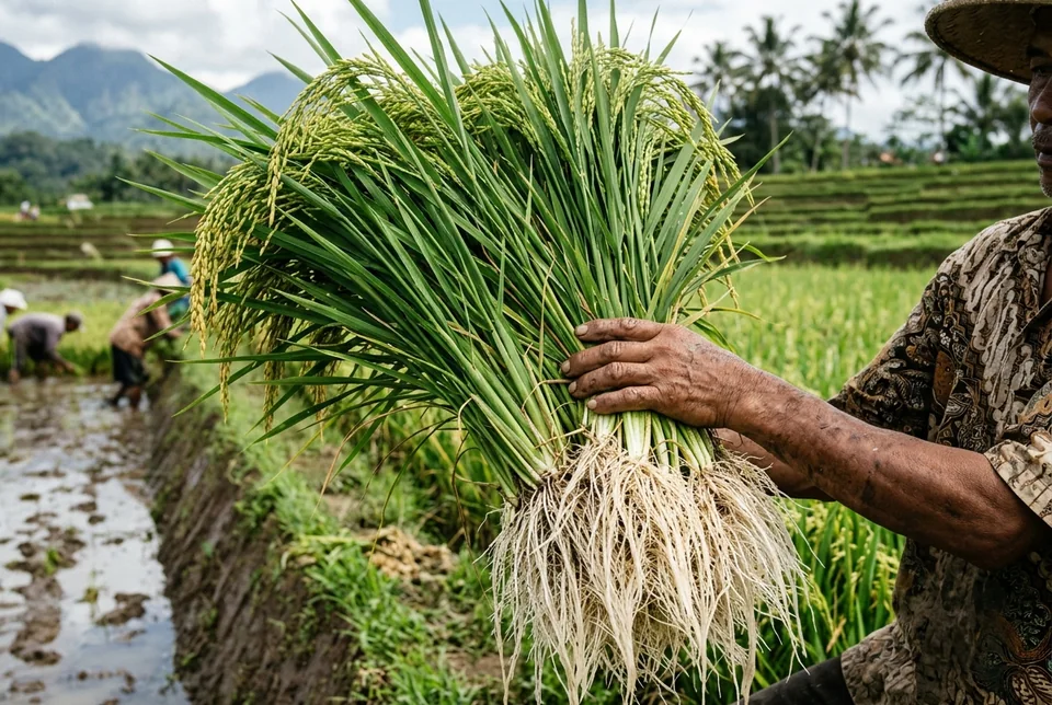 Rumpun padi sembuh dari asem-aseman dengan akar serabut putih gondrong dan 45+ anakan produktif