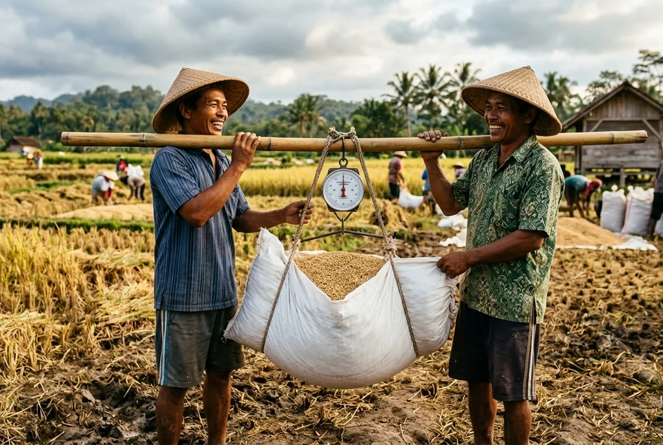 Petani menimbang karung gabah hasil panen padi yang bernas berbobot dengan Bensu