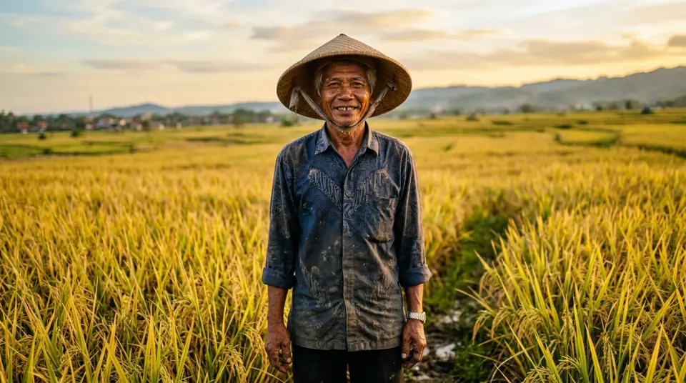 Pak Wayan di Lombok Timur NTB menunjukkan hasil panen padi yang bernas berbobot memakai Bensu