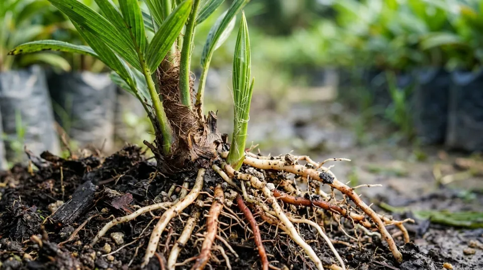 Detail makro akar serap putih kelapa sawit dan pelepah hijau segar