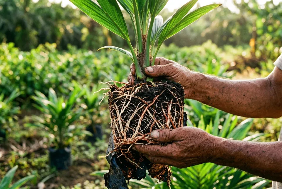 Akar serabut kelapa sawit putih gondrong aktif menyerap pupuk di piringan tanah