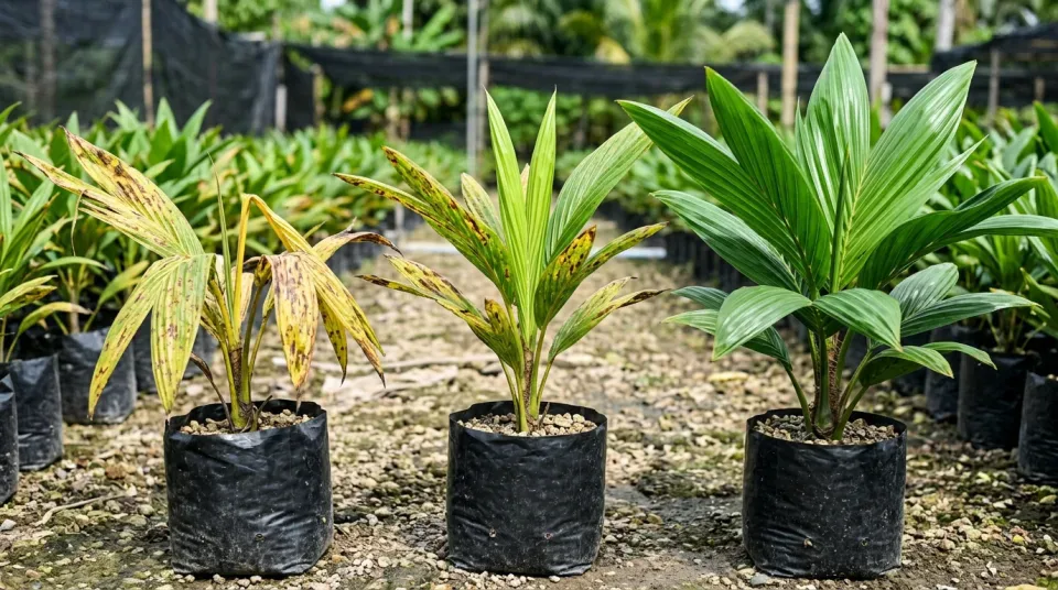 Progres kebun kelapa sawit dari kondisi trek kosong hingga muncul bunga betina dan TBS padat