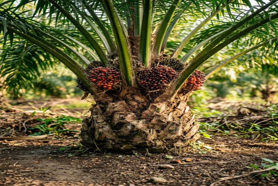 Pokok kelapa sawit sehat dengan tandan buah melingkar penuh tanpa trek