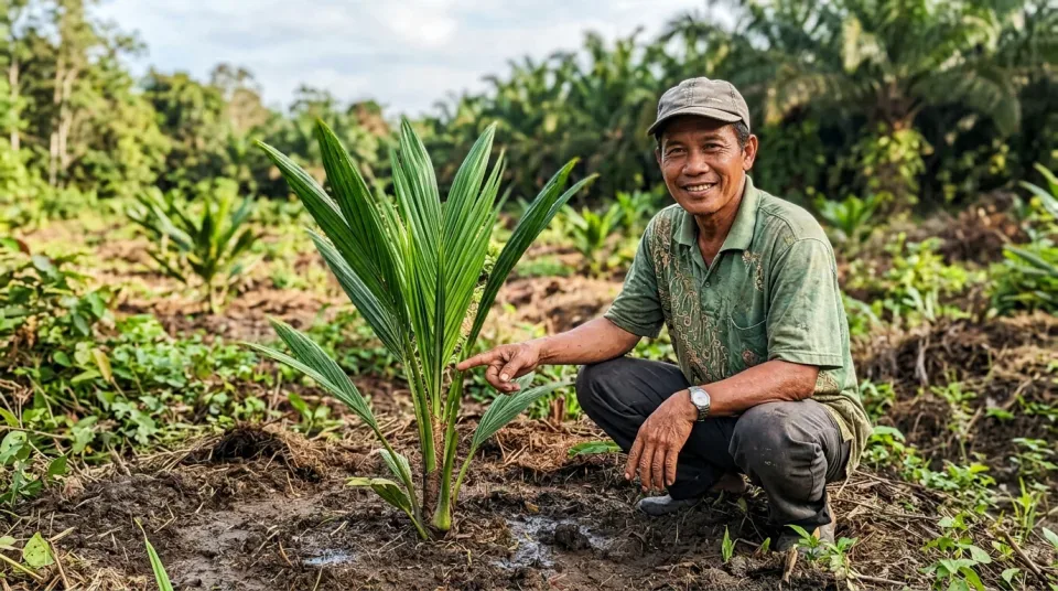 Pak Ruslan di Kotawaringin Timur Kalteng di kebun kelapa sawit yang hijau subur