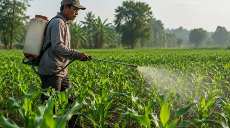 Petani menyemprotkan kabut nutrisi BENSU pada hamparan kebun jagung hibrida