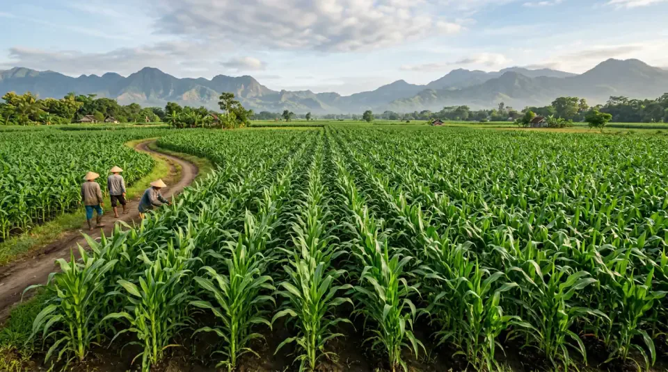 Hamparan kebun jagung hibrida subur seragam bertongkol besar siap panen raya