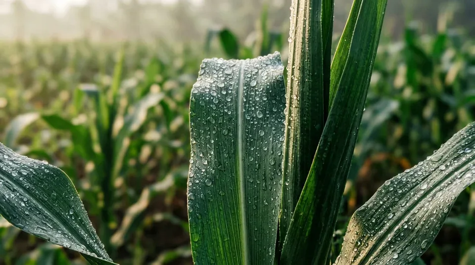 Detail daun jagung hijau pekat tebal dan tongkol besar rapat