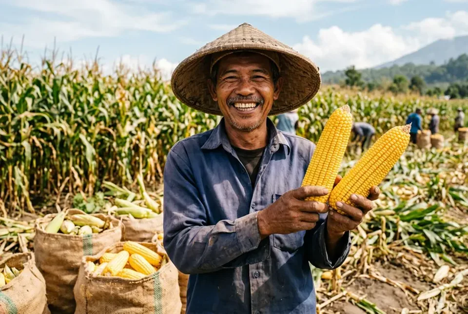 Tumpukan panen tongkol jagung hibrida muput penuh oranye mengkilap