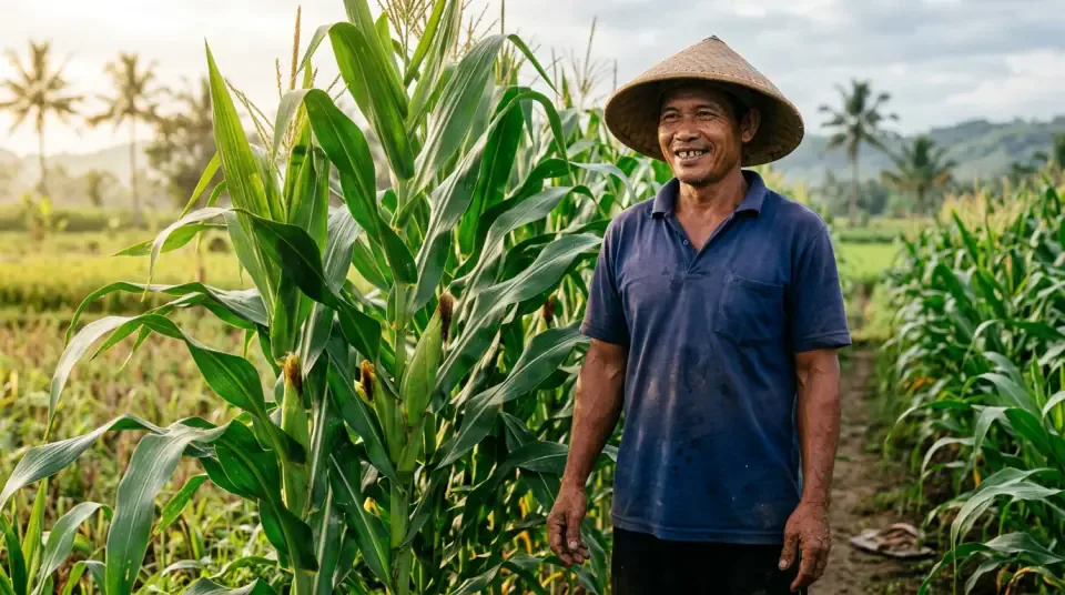 Pak Joko di Kediri Jawa Timur memegang dua tongkol jagung super besar hasil aplikasi BENSU