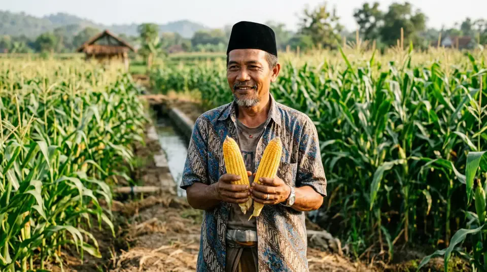 Pak Jayadi di Dompu NTB menunjukkan tongkol jagung kembar dua yang terisi penuh