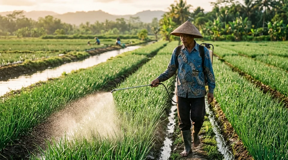 Petani bawang merah menyemprot kabut Bensu di bedengan sawah bawang merah