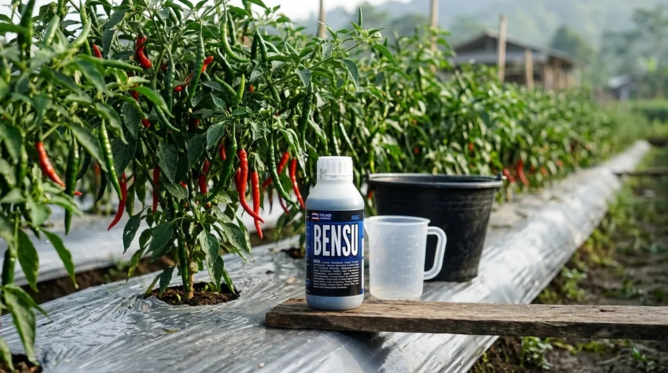 Botol resmi Bensu Pupuk Cair Organik berhologram asli di kebun bawang merah
