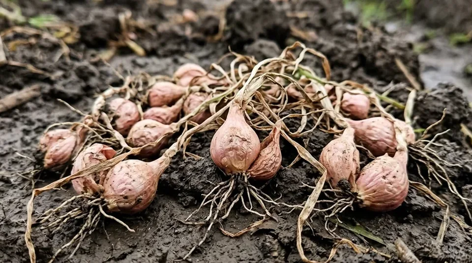 Bawang merah tanpa Bensu daun menguning rebah dan umbi kecil kempes