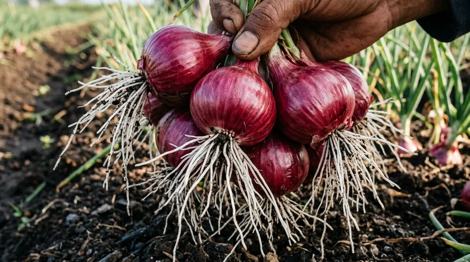 Close-up makro rumpun umbi bawang merah super besar merah mengkilap dengan akar putih lebat