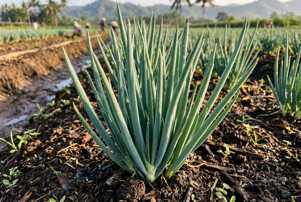 Hamparan tanaman bawang merah dengan daun pipa hijau kebiruan berdiri tegak kaku