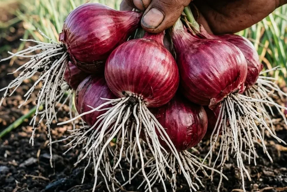 Rumpun bawang merah sehat dengan belasan anakan siung umbi yang membelah serempak