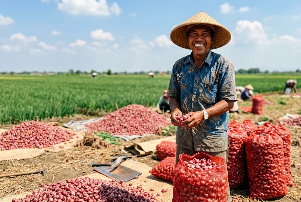Umbi bawang merah Bima Brebes berukuran super besar berwarna merah menyala padat