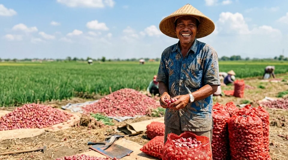 Pak Taryono petani bawang merah Brebes menunjukkan ikatan umbi bawang merah jumbo