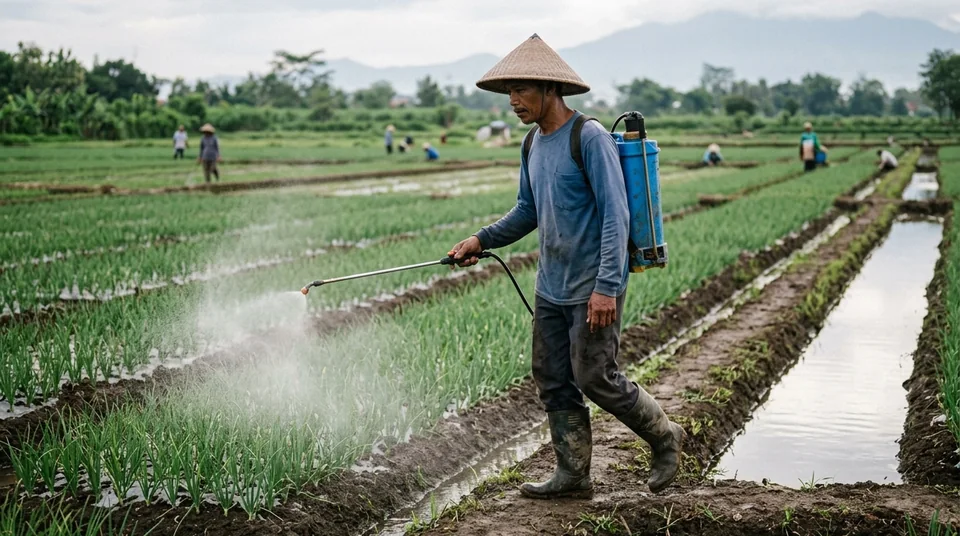 Petani menyemprot BENSU pada tanaman bawang merah umur 10 HST di bedengan sawah