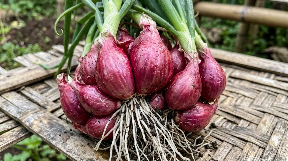 Foto makro umbi bawang merah besar padat merah merona hasil aplikasi BENSU
