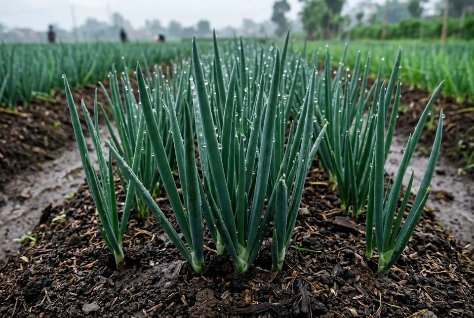 Pipa daun bawang merah berdiri kaku jegrik seperti jarum tahan hujan malam