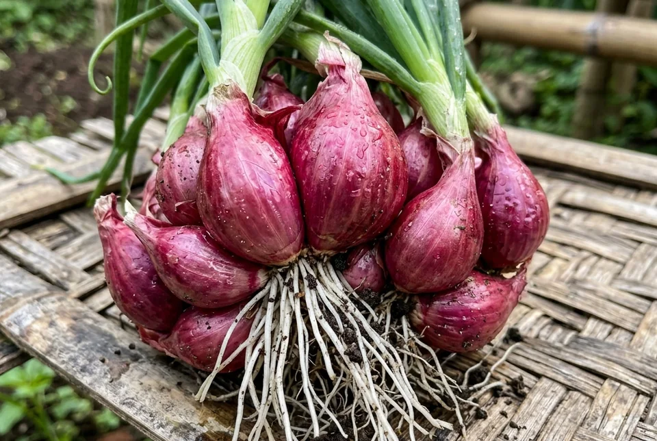 Umbi bawang merah kecil membesar padat merah merona 14 sampai 16 siung
