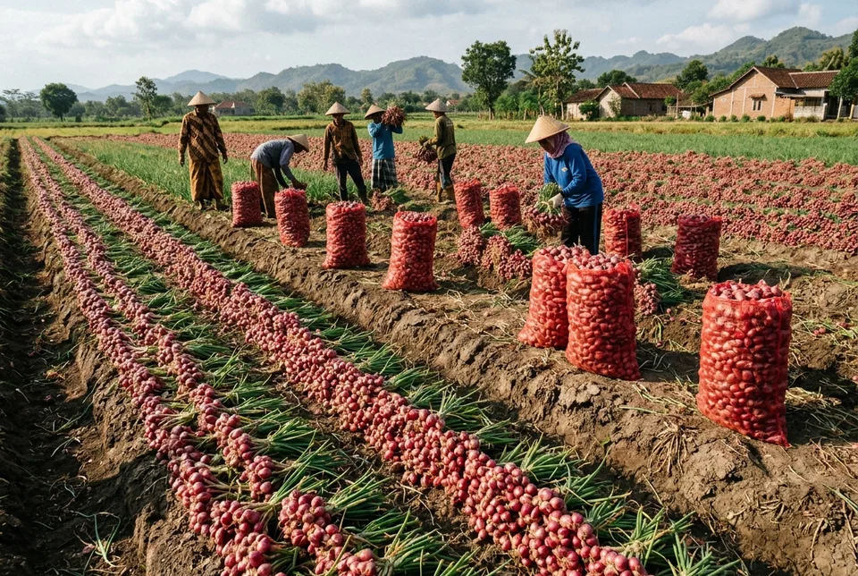 Foto panen raya bawang merah berumbi jumbo merah menyala