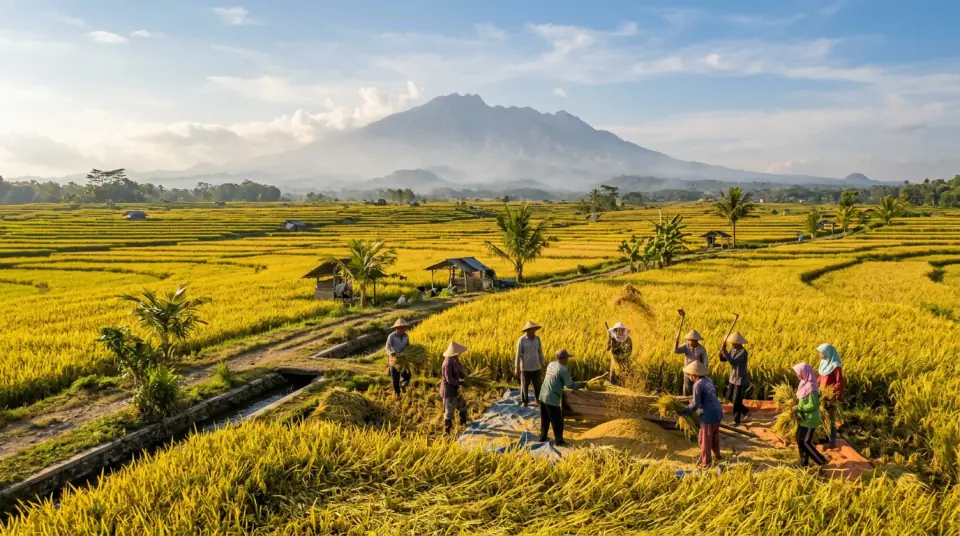 Foto panorama hamparan sawah padi menguning keemasan siap panen