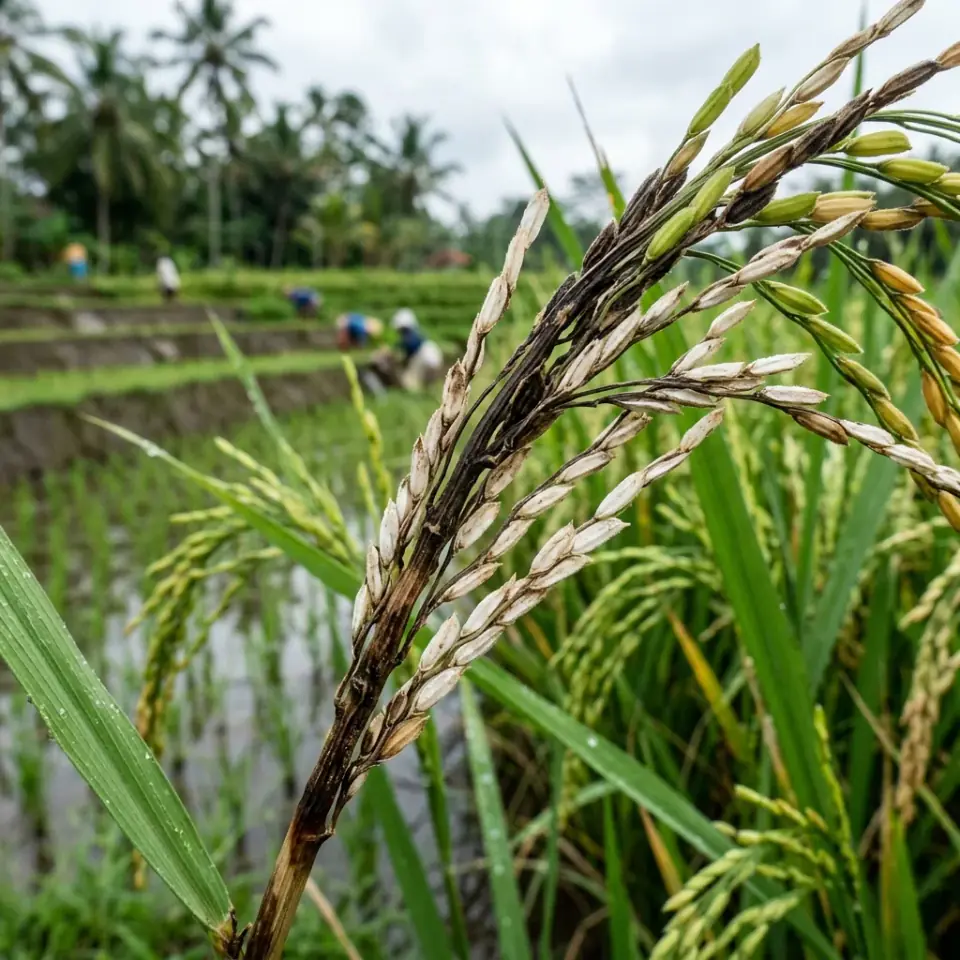 Kondisi bulir gabah melompong hampa putih di pangkal malai