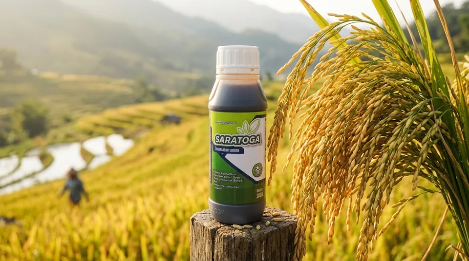 Botol Serum Tanaman SARATOGA di Hamparan Sawah Padi Kuning Emas