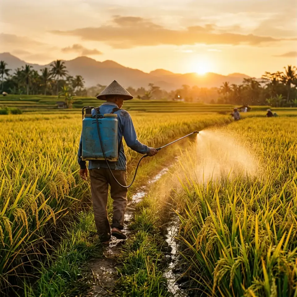 Petani menyemprot kabut serum pemadat bulir di sawah padi