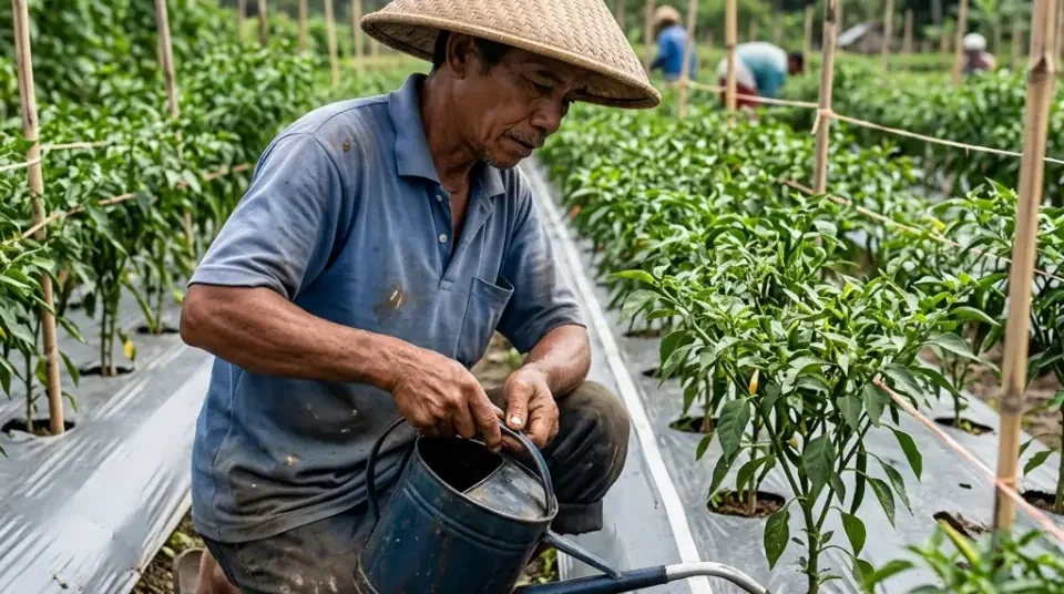 Petani cabai mengocor dan menyemprot Bensu setelah selesai memetik cabai