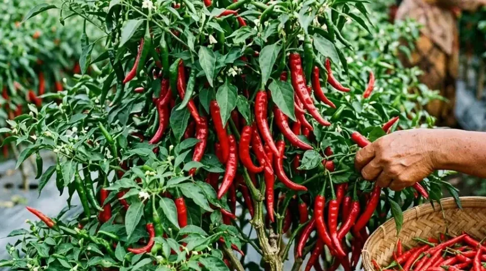 Hamparan kebun cabai dewasa yang masih hijau rimbun dan produktif di dataran tinggi