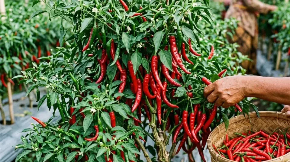 Kebun cabai dengan Bensu setinggi dada tetap hijau lebat penuh buah merah dan bunga