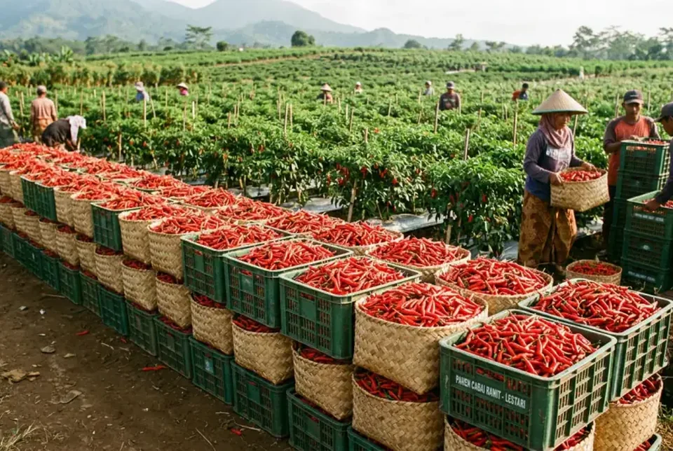 Karung-karung panen cabai merah penuh dari kebun cabai berumur panjang
