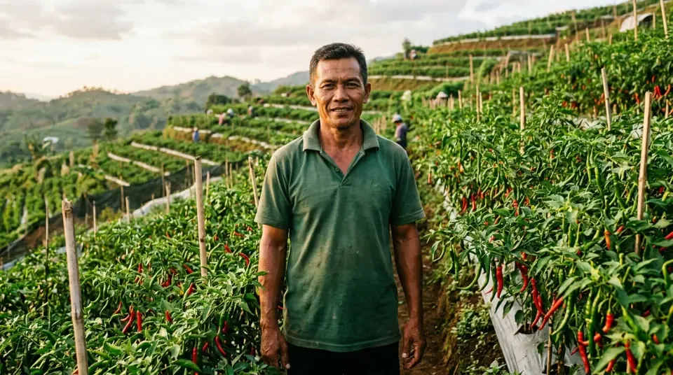 Pak Syarifuddin di Kerinci Jambi bersama pohon cabai merah keriting petikan ke-29