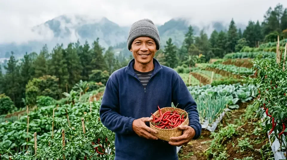 Pak Agus Permana di Garut Jawa Barat bersama panen cabai besar yang mulus