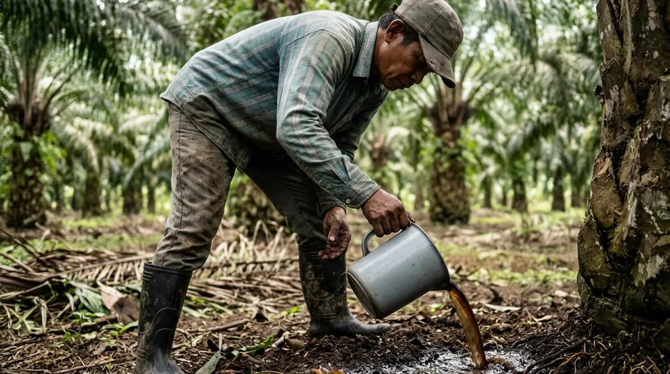 Petani mengocor dan menyemprot piringan akar kelapa sawit dengan larutan AUSSIE