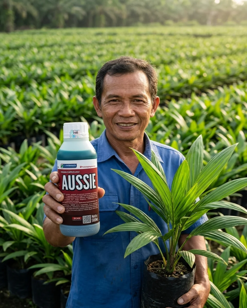 Botol Resmi Nutrisi Kelapa Sawit AUSSIE Original Dipegang Petani