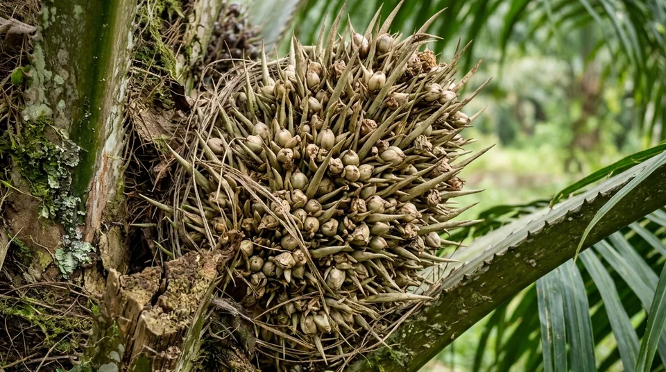 Tandan kelapa sawit berbuah cengkeh kecil-kecil dan buah landak berduri rapat tanpa daging minyak